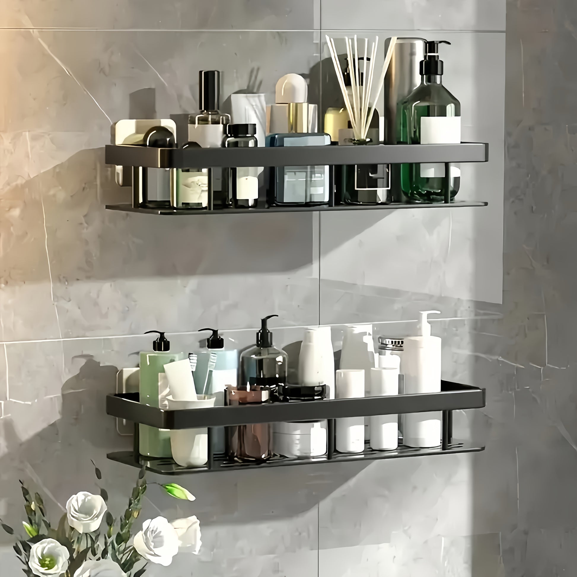 Wall-Mounted Shower Caddy, Large Capacity, No-Drill Installation, Floating Shelf for Bathroom and Kitchen, Space-Saving, Easy to Install, Holds Toiletries, Cosmetics, and Miscellaneous Items, Oil Rubbed Finish, Durable Plastic Material