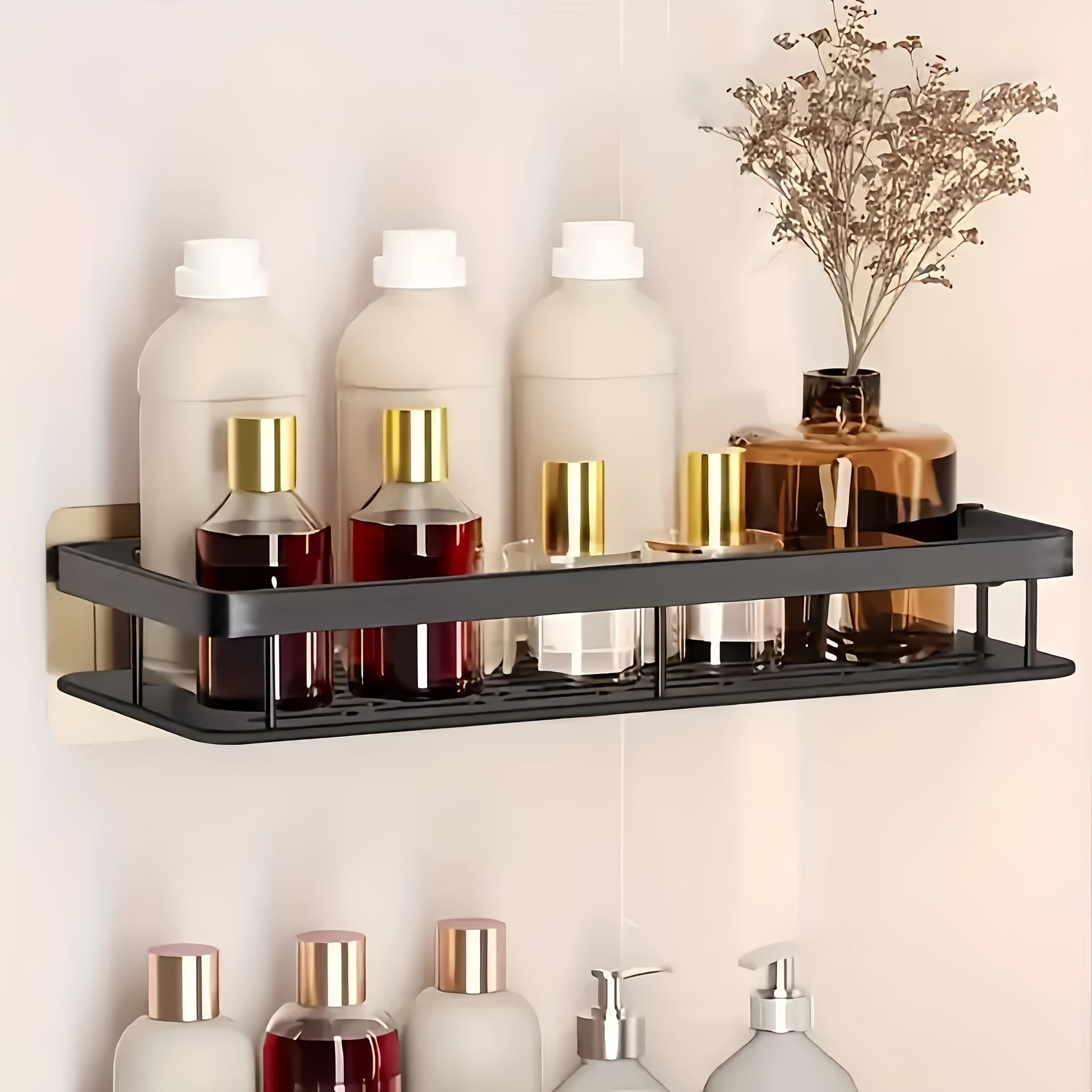 Wall-Mounted Shower Caddy, Large Capacity, No-Drill Installation, Floating Shelf for Bathroom and Kitchen, Space-Saving, Easy to Install, Holds Toiletries, Cosmetics, and Miscellaneous Items, Oil Rubbed Finish, Durable Plastic Material