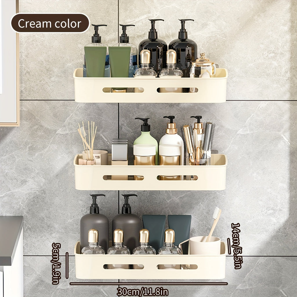 1\u002F2\u002F3pcs Long Rectangular PP Bathroom Wall Shelves - Space-Saving, No-Drill, Matte Finish, Ideal for Vanity and Shower Area Organization, Bathroom Shelves|Modern Bathroom Shelves|Durable Bathroom Shelves