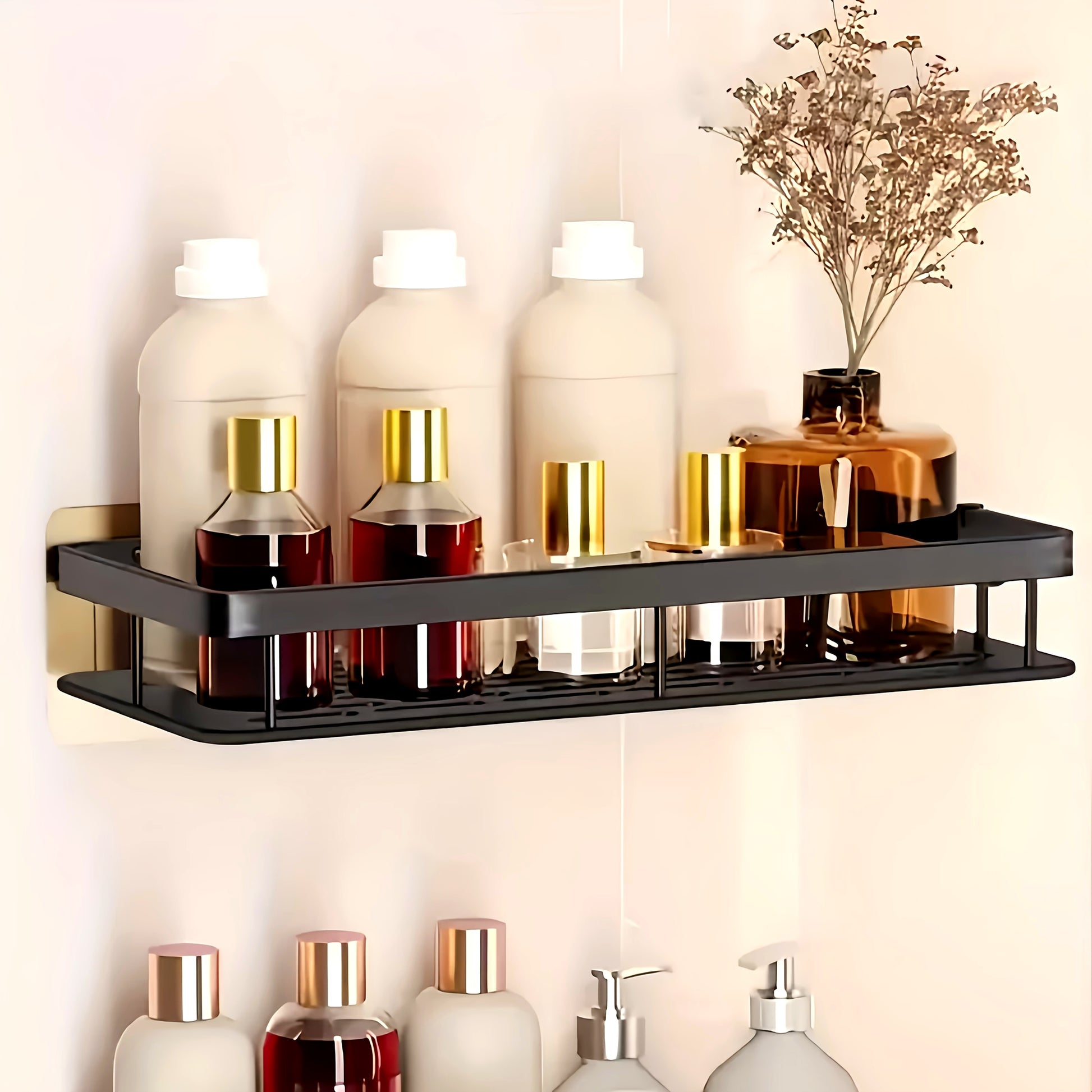 Wall-Mounted Shower Caddy, Large Capacity, No-Drill Installation, Floating Shelf for Bathroom and Kitchen, Space-Saving, Easy to Install, Holds Toiletries, Cosmetics, and Miscellaneous Items, Oil Rubbed Finish, Durable Plastic Material
