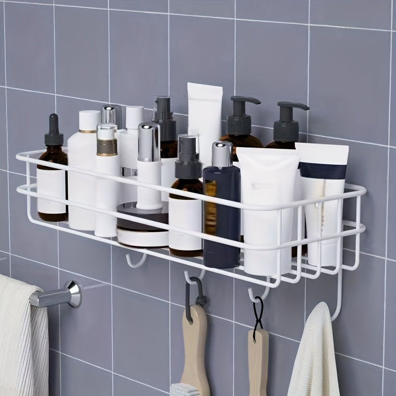 Wrought Iron Bathroom Shelf with Hooks, Wall Hanging Storage Rack, Painted Finish, No Drilling Required, Single Shelf Organizer for Shower Gel and Toiletries
