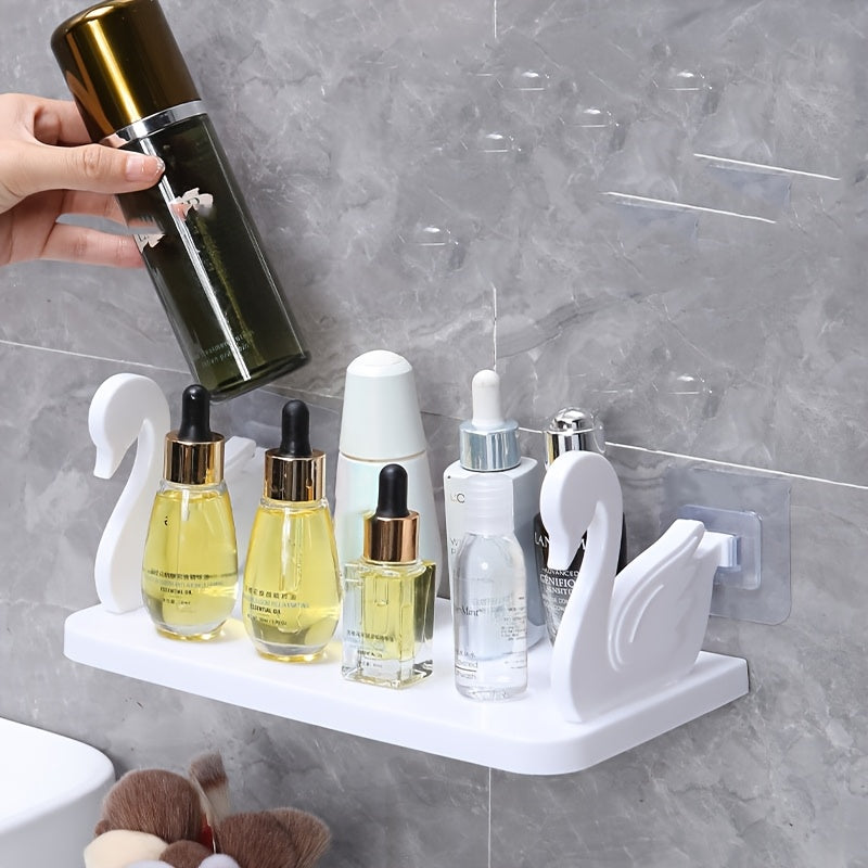 1pc Swan-Shaped Wall-Mounted Storage Rack, Plastic Rectangular Hanging Shelf with No-Drill Adhesive for Bathroom Vanity and Kitchen Organization, Toiletry Holder | Rectangular Shelf | Plastic Construction, Bathroom Organizers And Storage