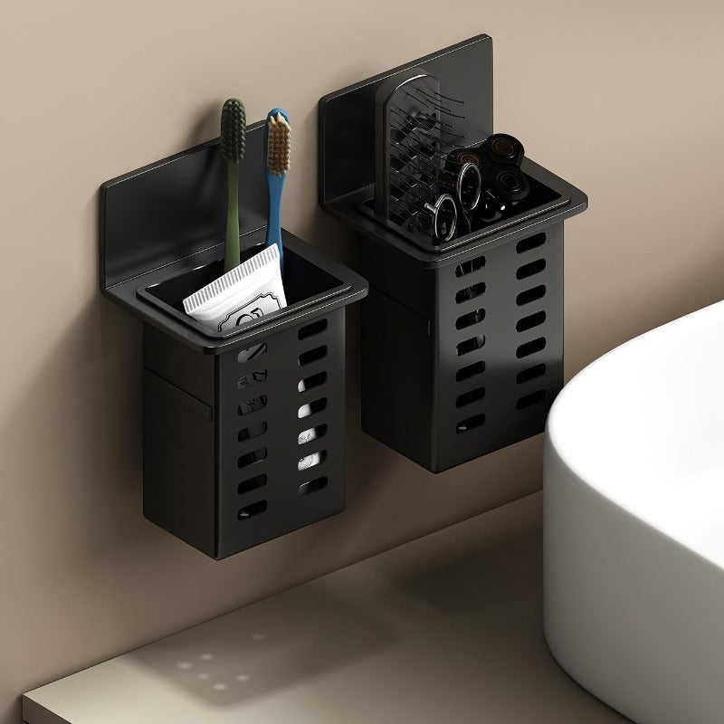 1pc\u002F2pcs Black Resin Punch-Free Wall-Mounted Storage Cubby Shelf, Plastic Drain Organizer for Kitchen & Bathroom Accessories, Home Organization Hanging Rack