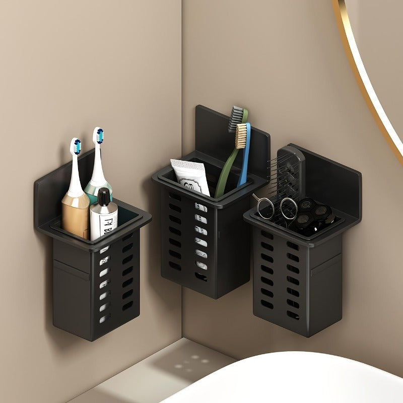 1pc\u002F2pcs Black Resin Punch-Free Wall-Mounted Storage Cubby Shelf, Plastic Drain Organizer for Kitchen & Bathroom Accessories, Home Organization Hanging Rack