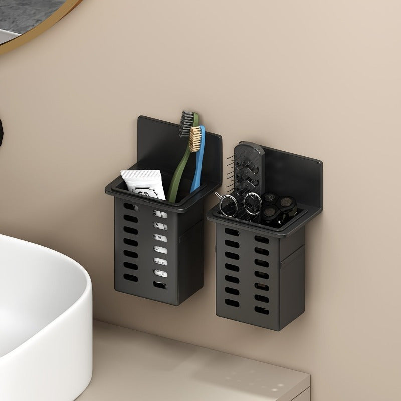 1pc\u002F2pcs Black Resin Punch-Free Wall-Mounted Storage Cubby Shelf, Plastic Drain Organizer for Kitchen & Bathroom Accessories, Home Organization Hanging Rack