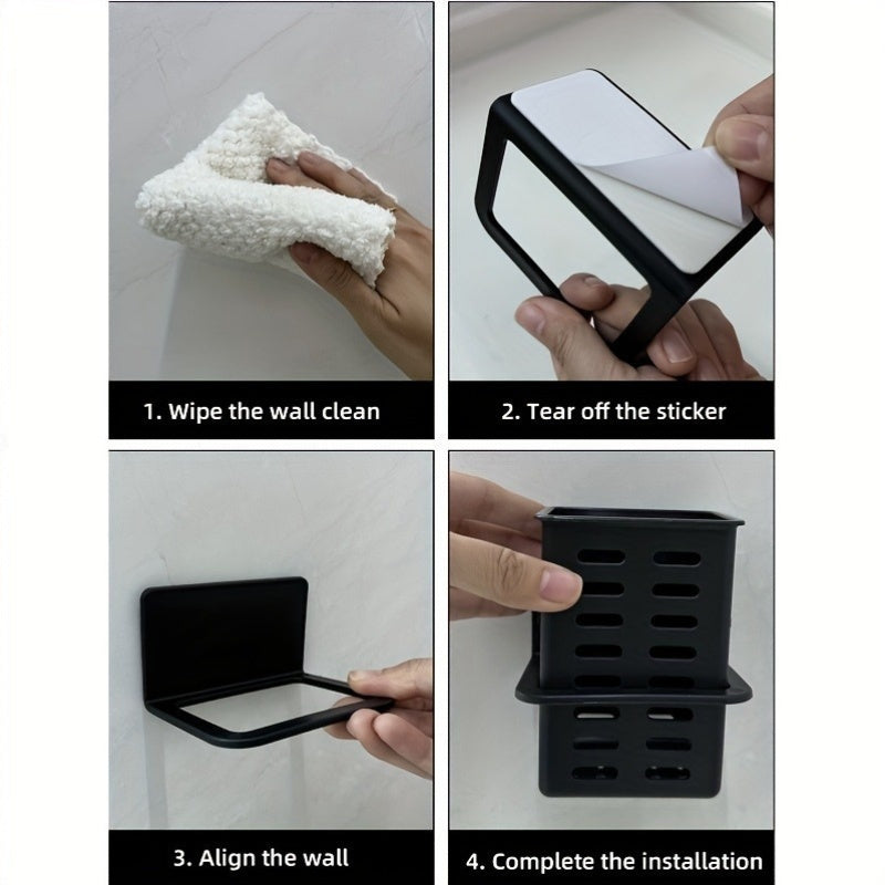 1pc\u002F2pcs Black Resin Punch-Free Wall-Mounted Storage Cubby Shelf, Plastic Drain Organizer for Kitchen & Bathroom Accessories, Home Organization Hanging Rack