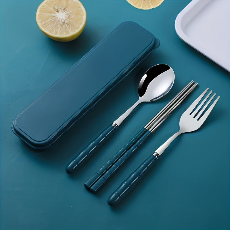 Outdoor Stainless Steel Portable Cutlery Set Lunch Camping Picnic Reusable Cutlery for Travel - Includes Box, Fork, Spoon And Chopsticks 4pcs Set