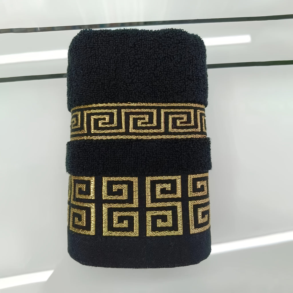 Luxurious Pure Cotton Geometric Pattern Towel - Soft, Absorbent, Quick-Dry for Bath or Face, 13.39x29.53inch or 27.56x55.12inch, Black with Golden Thread, Modern Design, Hand Wash Only, Bath Towels