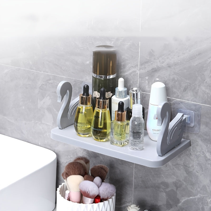1pc Swan-Shaped Wall-Mounted Storage Rack, Plastic Rectangular Hanging Shelf with No-Drill Adhesive for Bathroom Vanity and Kitchen Organization, Toiletry Holder | Rectangular Shelf | Plastic Construction, Bathroom Organizers And Storage