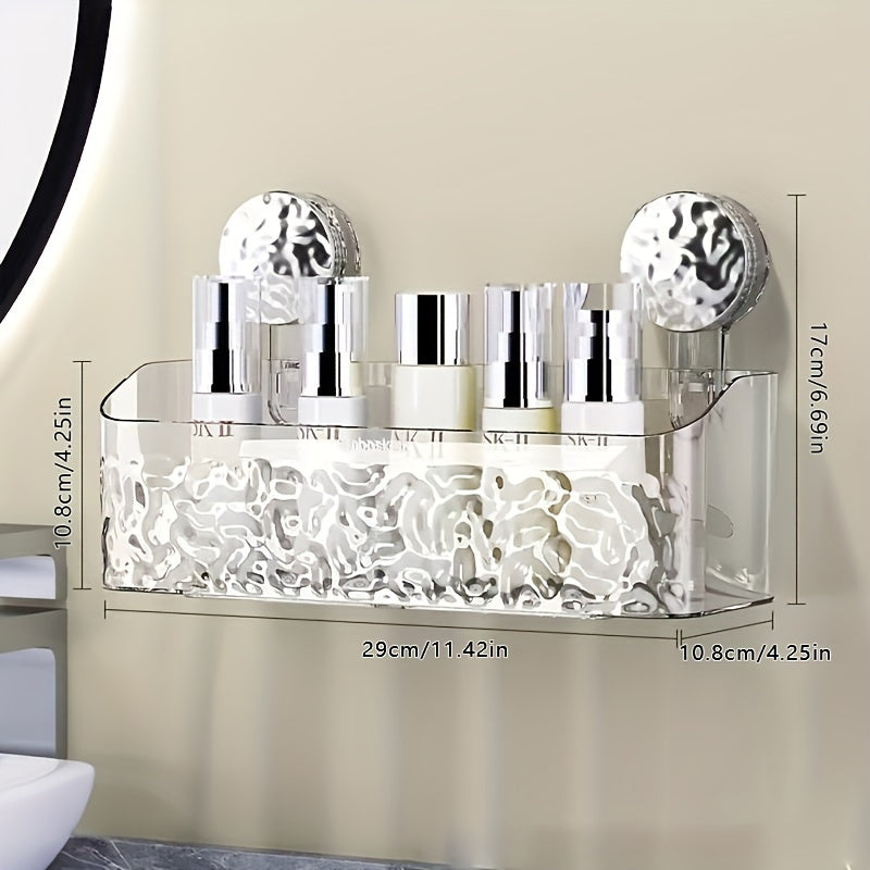 Wall Mount Shower Caddy Organizer with Adjustable Shelves, Polished Finish, Rectangle PET Bathroom Storage Rack for Cosmetics and Toiletries with Suction Cups, Glacier Pattern Design - 1pc