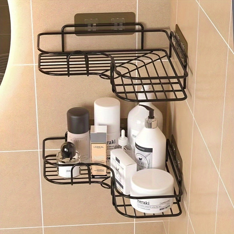 No-Drill Double-Row Bathroom Shelf with 4 Seamless Hooks & Adhesive Clips – Easy Install, Black Plastic Design for Organized Storage of Toiletries and Accessories, Utility Hook, Utility Hooks