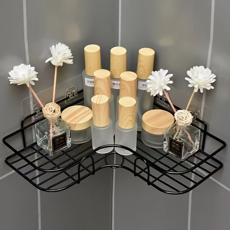 Rustproof Wall-Mounted Corner Shower Shelf - Black Plastic Bathroom Storage Rack for Shampoo, Toner, and Cosmetics, Space-Saving Design with Multiple Compartments, Bathroom Organizers And Storage